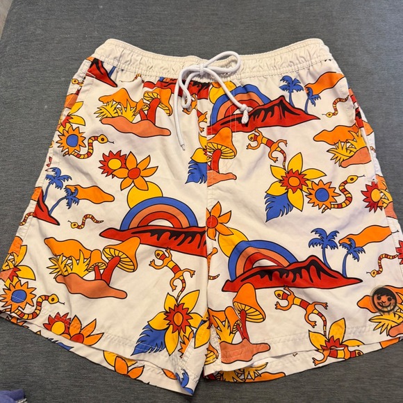 Neff Other - Neff Men Swim Trunks Large Psychedelic Volcano Mushroom Print Board Shorts White